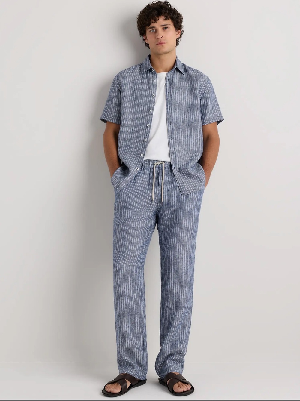 QUINCE 100% European Linen Drawstring Beach Pants - Chambray Stripe - XXXL